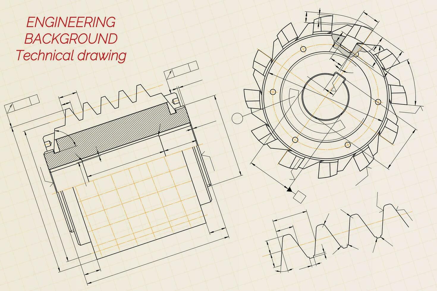 mecánico Ingenieria dibujos en beige técnico papel antecedentes. corte herramientas, molienda cortador. industrial diseño. cubrir. Plano. negocio negocio. vector ilustración.