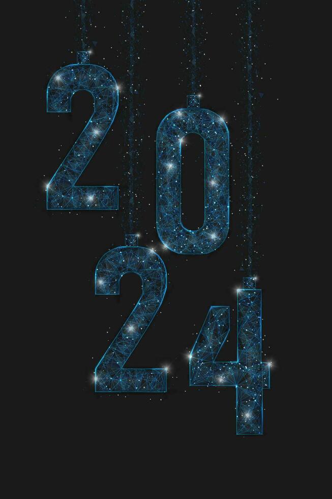 resumen aislado azul imagen de nuevo año número 2024. poligonal bajo escuela politécnica estructura metálica ilustración mira me gusta estrellas en el en blanco noche cielo en spase o volador vaso fragmentos digital web, Internet diseño. vector