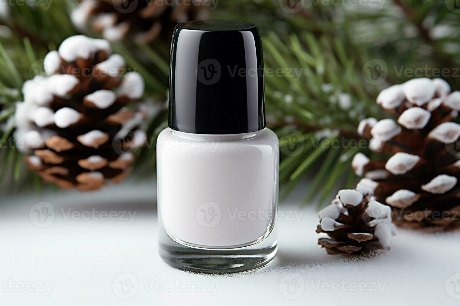 AI generative. Nail polish bottle with christmas decoration on bokeh background photo