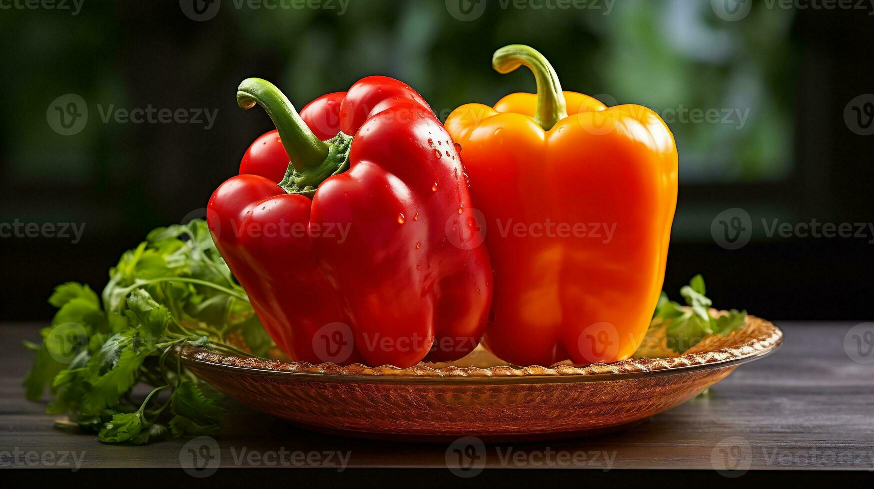 AI generative. Red, orange and yellow bell peppers with green leaves on wooden background photo