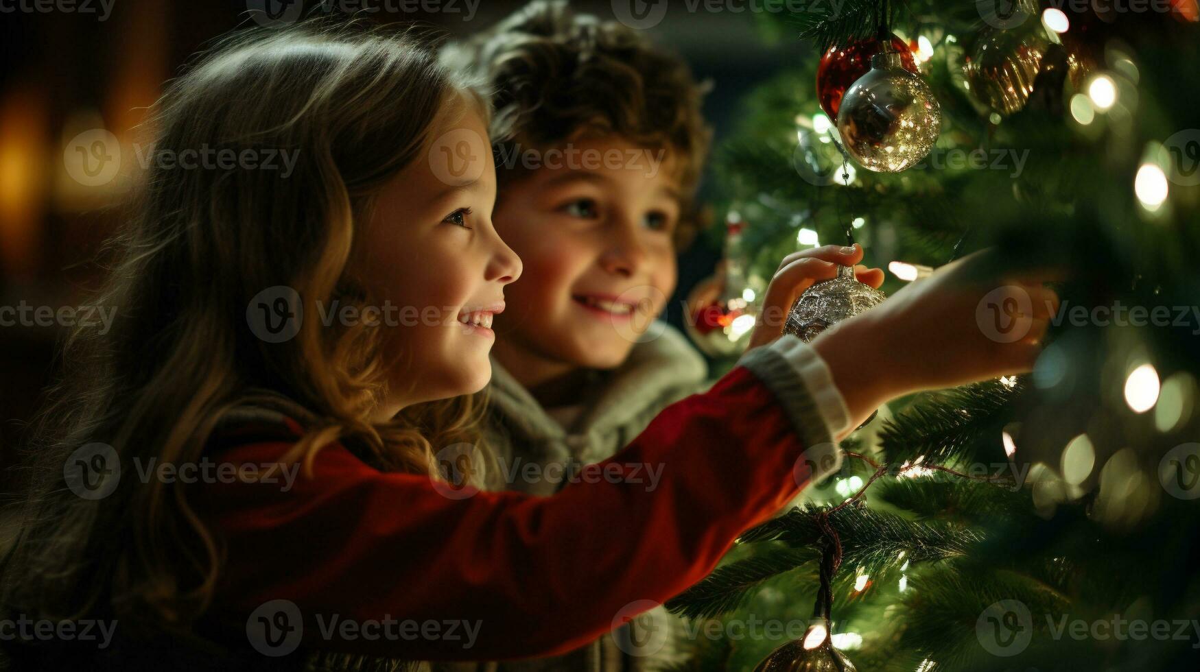 AI generative. Cute little children decorating Christmas tree at home. Happy brother and sister in red sweaters and scarves looking at each other and smiling photo