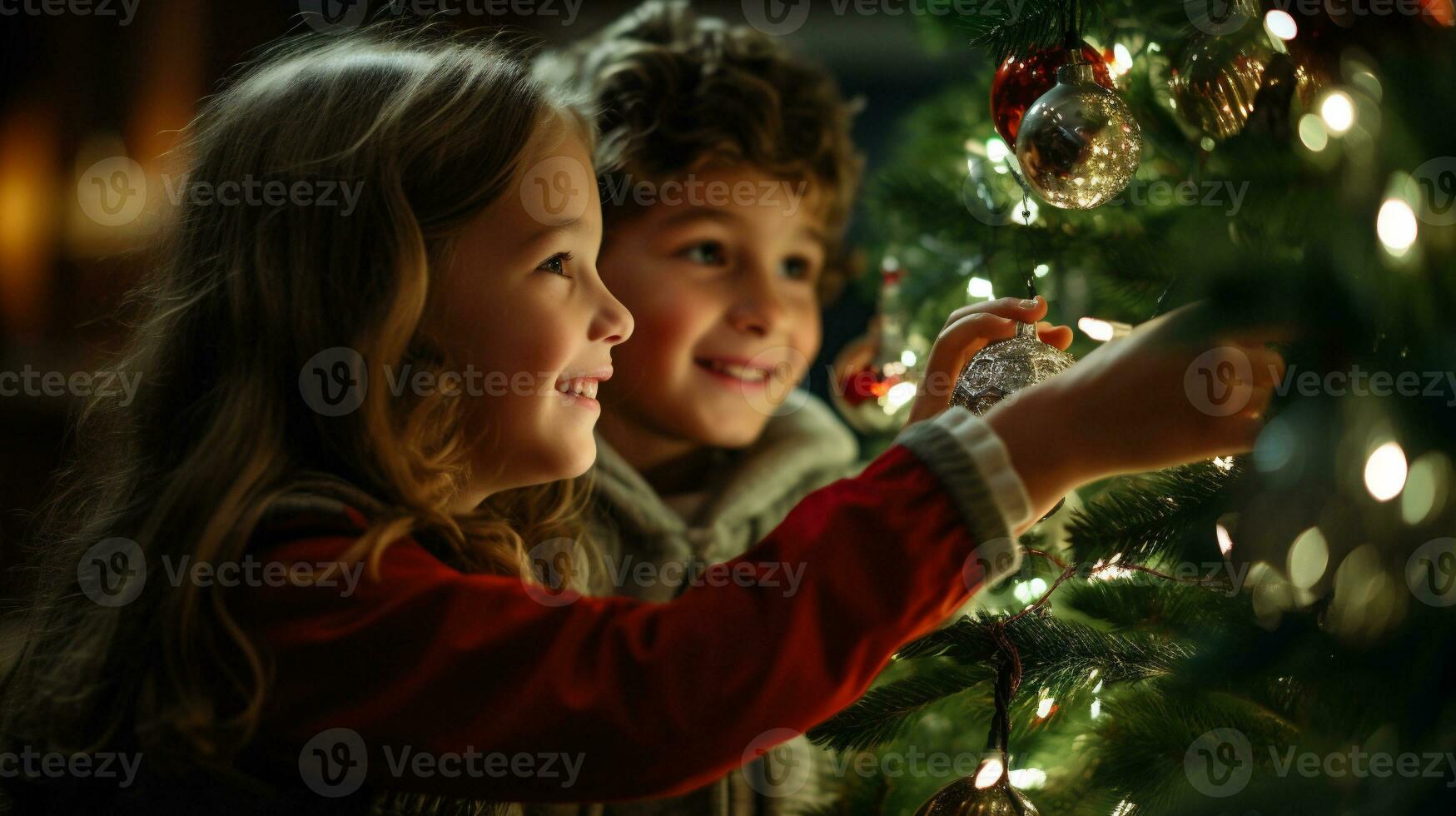 ai generativo. linda pequeño niños decorando Navidad árbol a hogar. contento hermano y hermana en rojo suéteres y bufandas mirando a cada otro y sonriente foto