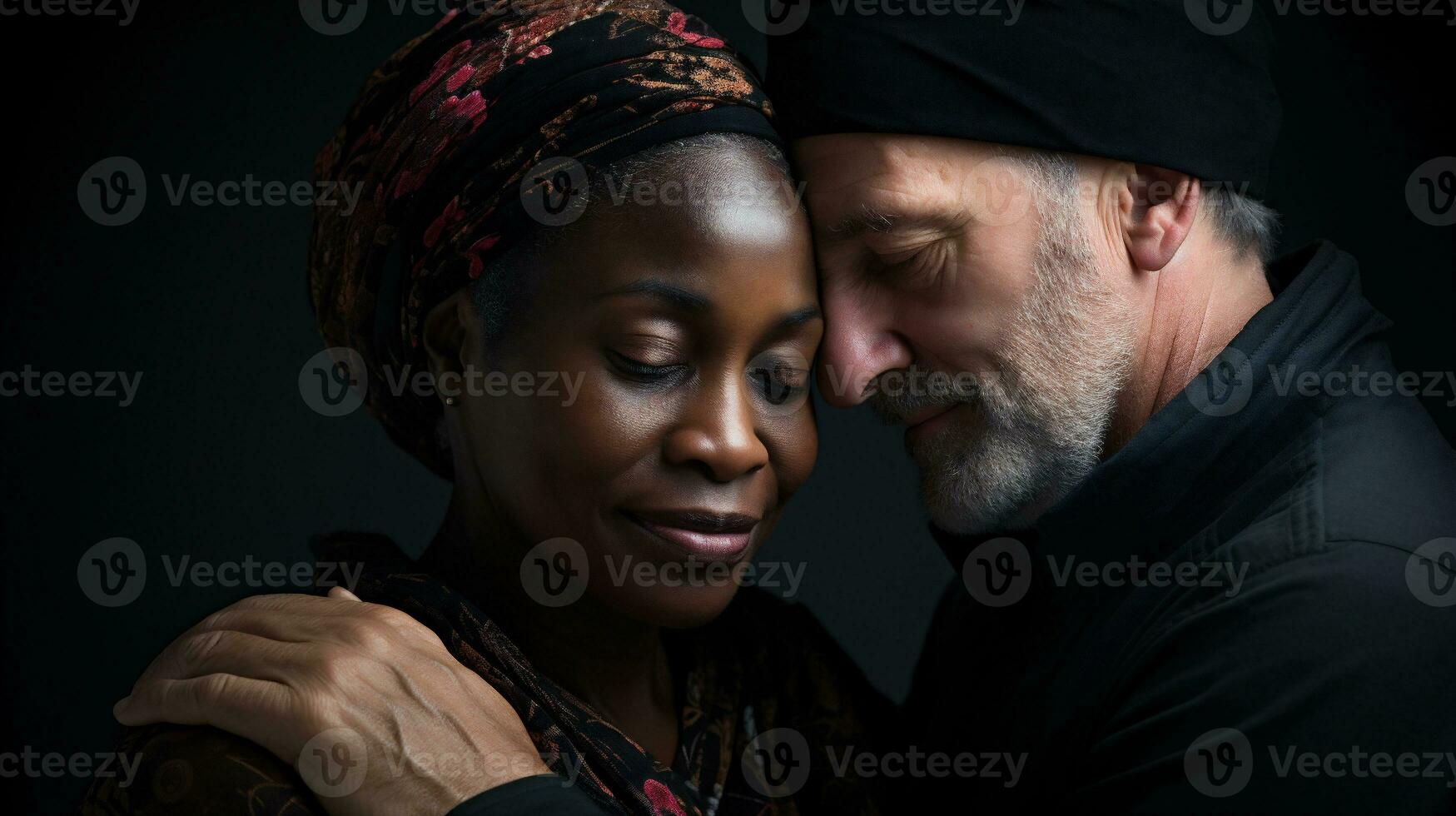 AI generative. Portrait of a mixed race couple embracing each other on black background photo
