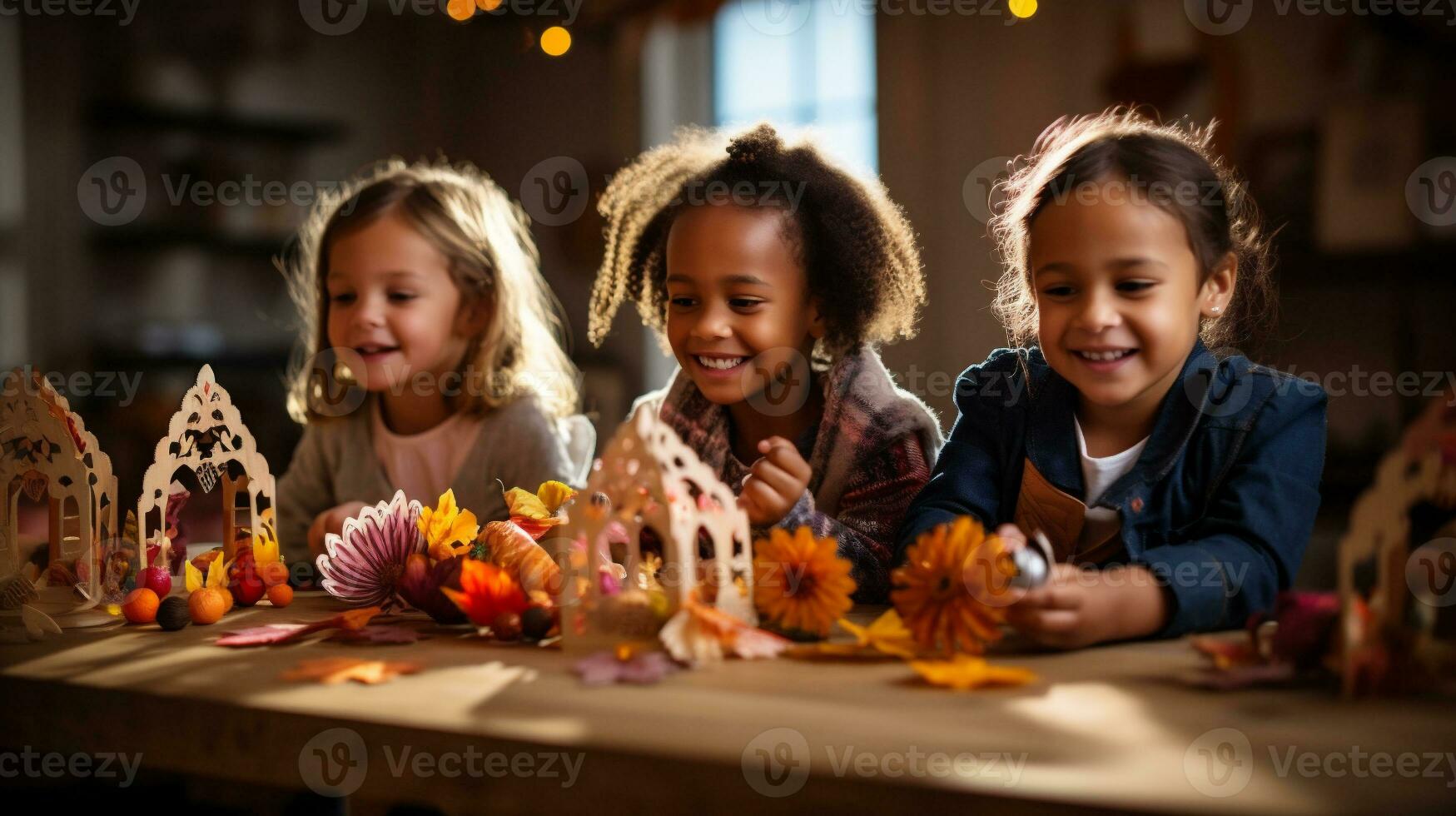 AI Generative. Happy children playing with autumn decoration at home. They are sitting at wooden table and smiling photo