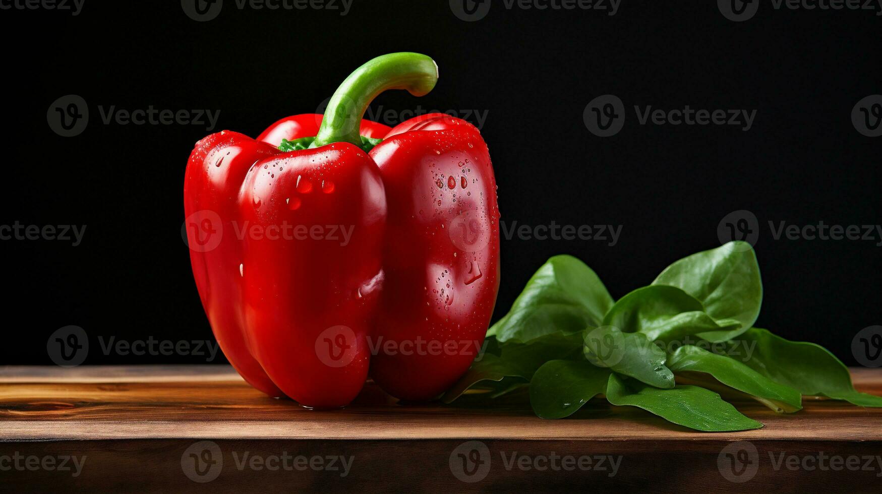AI generative. Red bell pepper with basil leaves on wooden table. Black background. photo