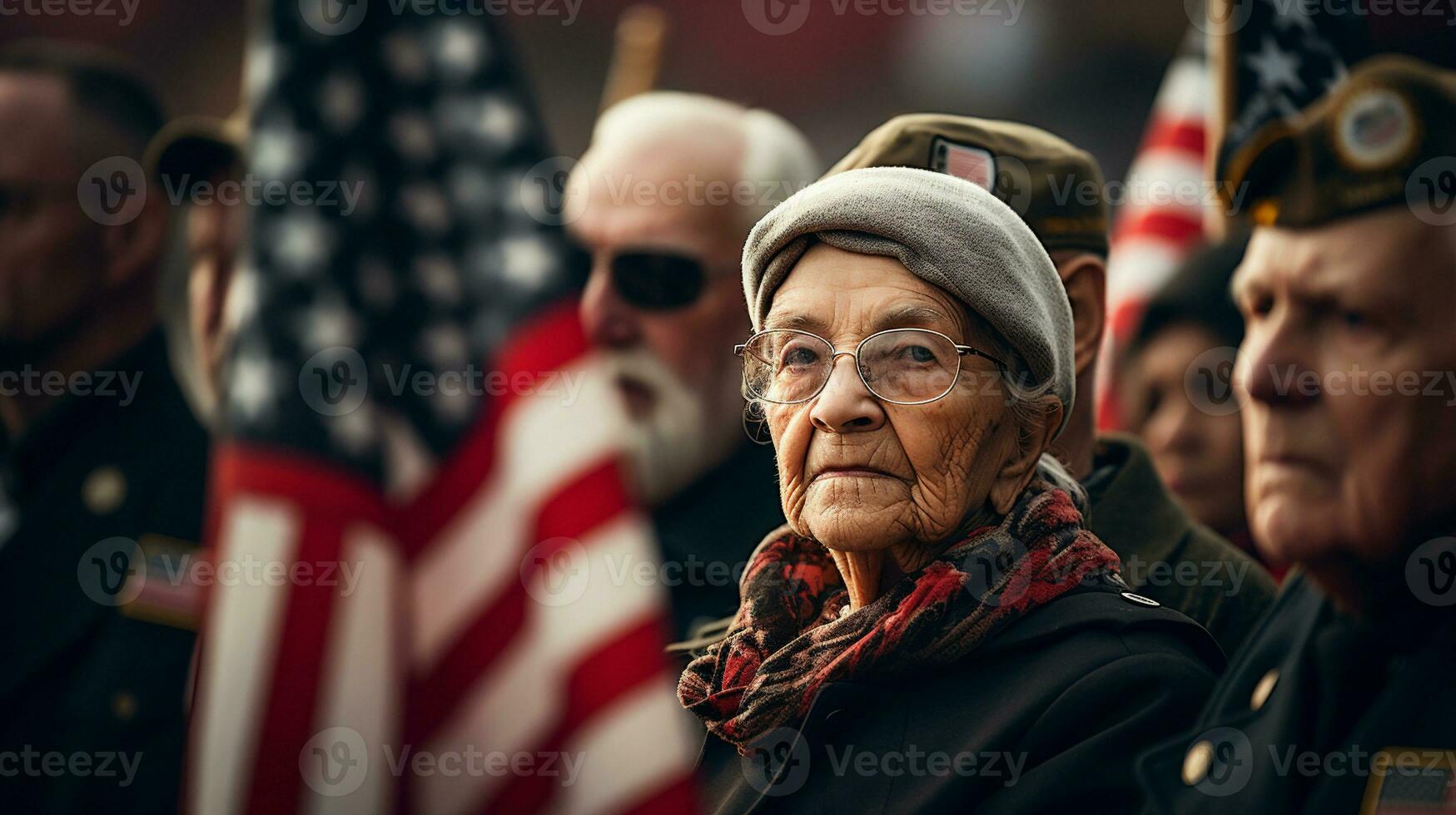 AI generative. Portrait of an elderly woman on the background of the american flag photo