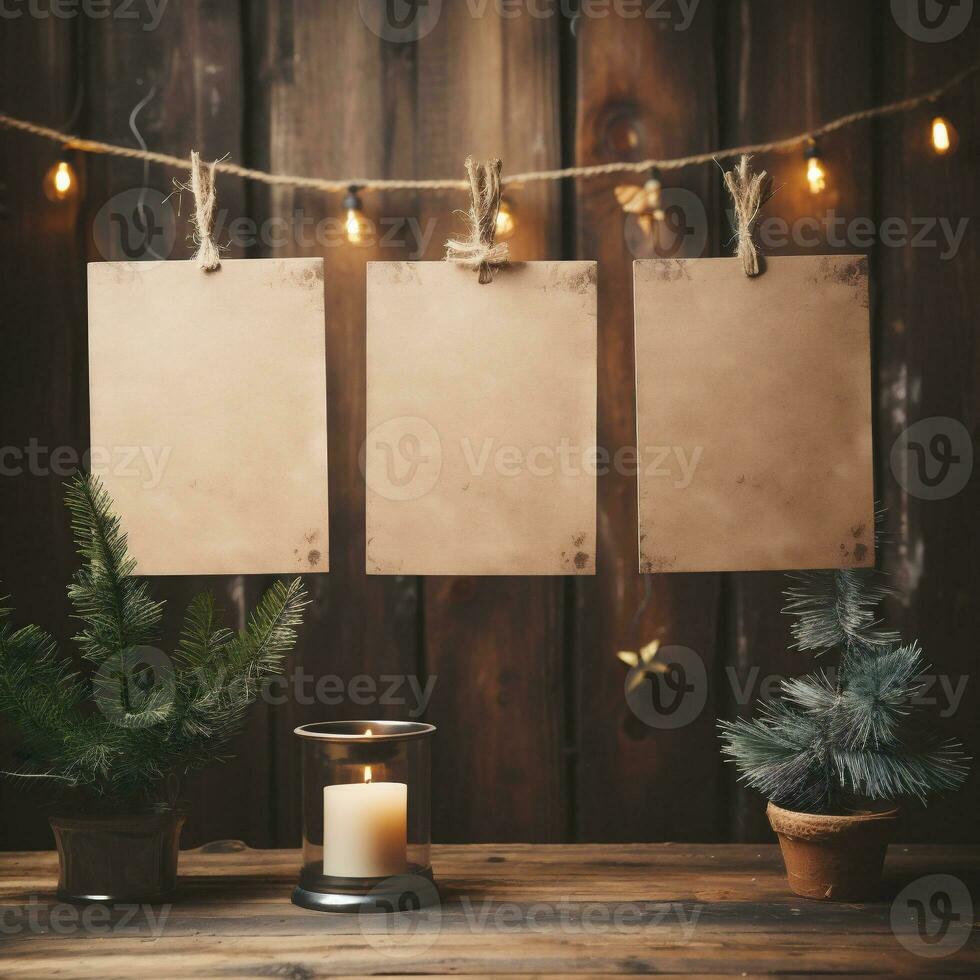 AI generative. Mockup of three blank paper sheets on rustic wooden background with christmas decoration photo