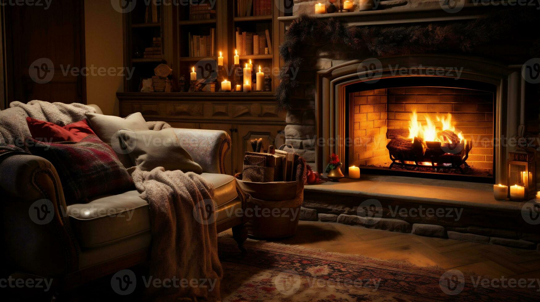 AI generative. Christmas interior with fireplace and christmas tree. photo
