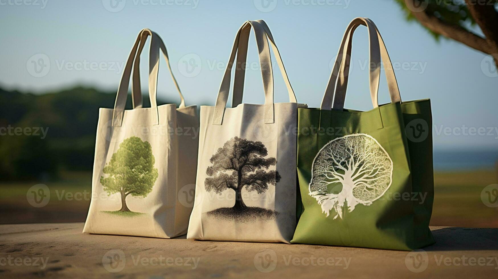 AI generative. Eco friendly shopping bags on nature background. Zero waste concept. photo
