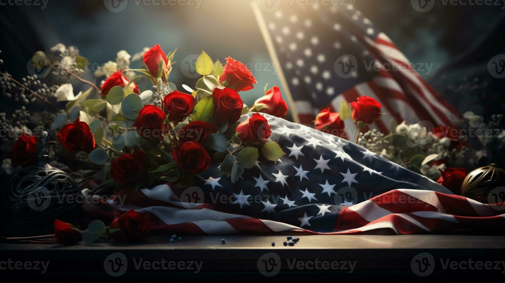 AI generative. American flag and roses on a grave at sunset. Memorial Day concept. photo