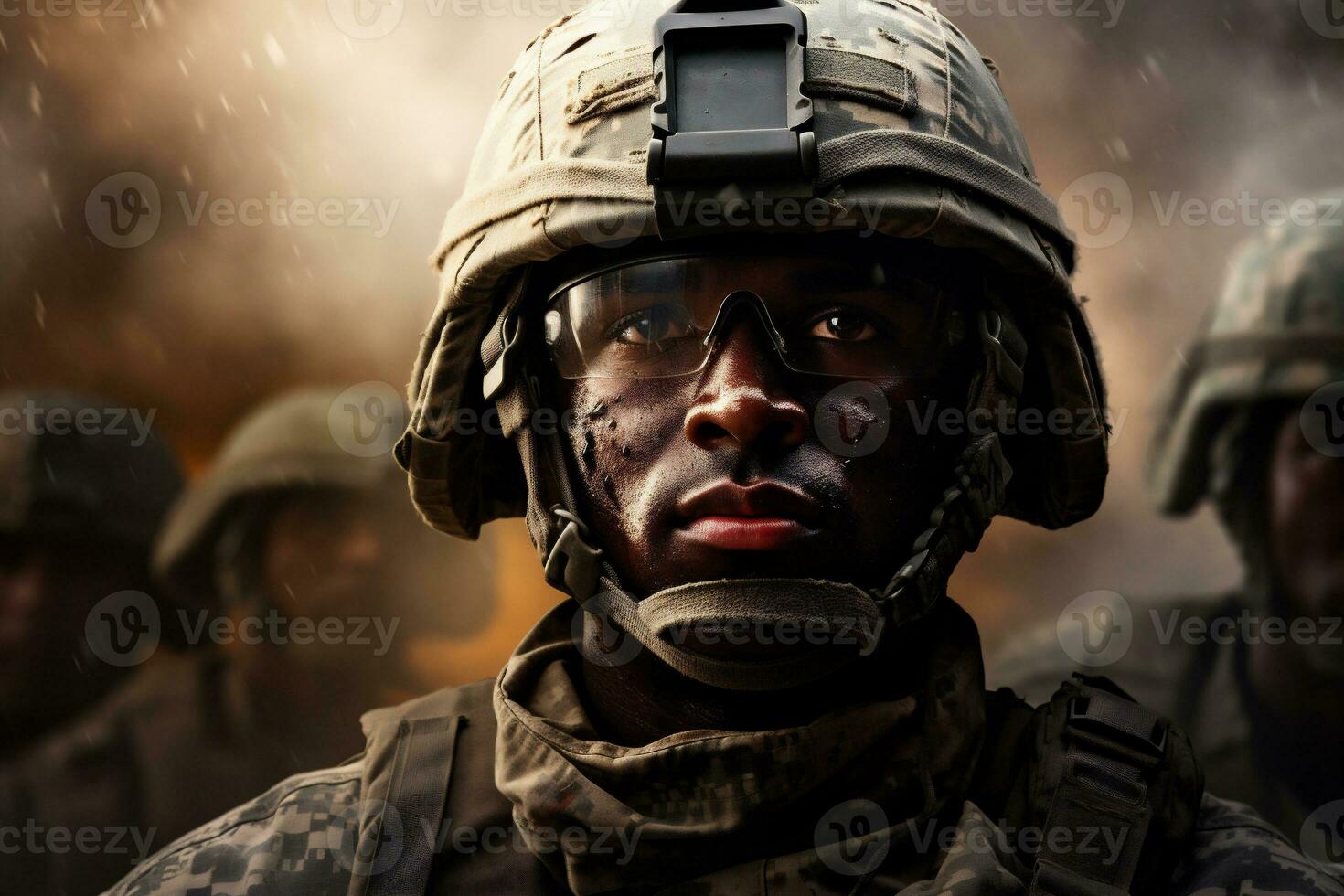 ai generativo. retrato de joven africano americano soldado en casco y gafas de protección foto