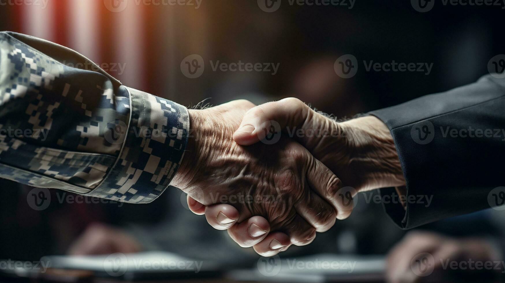 AI generative. Close-up of military people shaking hands with each other photo