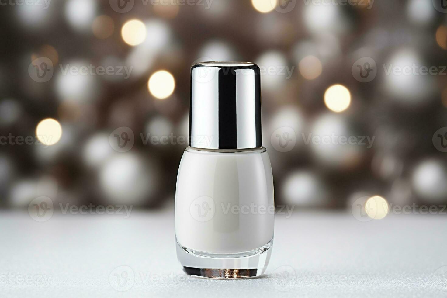 AI generative. Nail polish bottle with christmas decoration on bokeh background photo