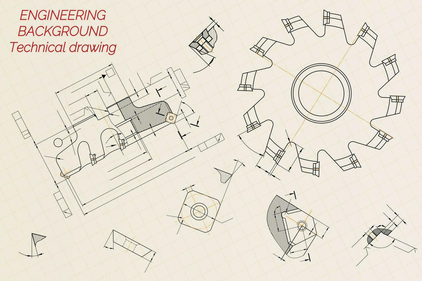 Mechanical engineering drawings on beige technical paper background. Cutting tools, milling cutter. Industrial Design. Cover. Blueprint. Business business. Vector illustration.