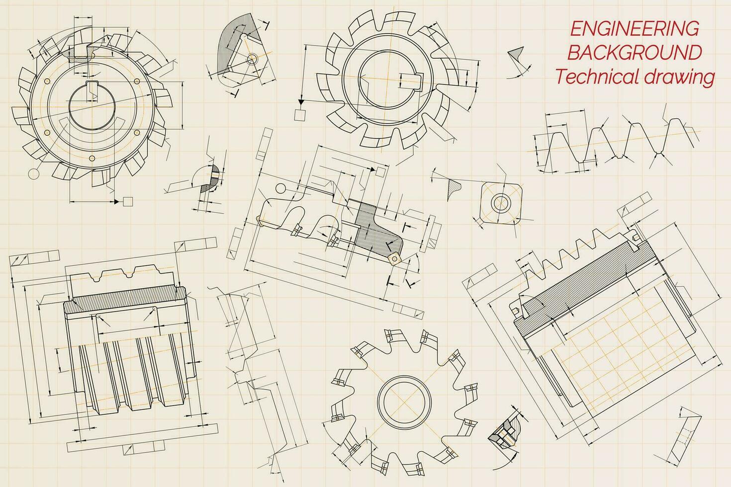 Mechanical engineering drawings on beige technical paper background. Cutting tools, milling cutter. Industrial Design. Cover. Blueprint. Business business. Vector illustration.