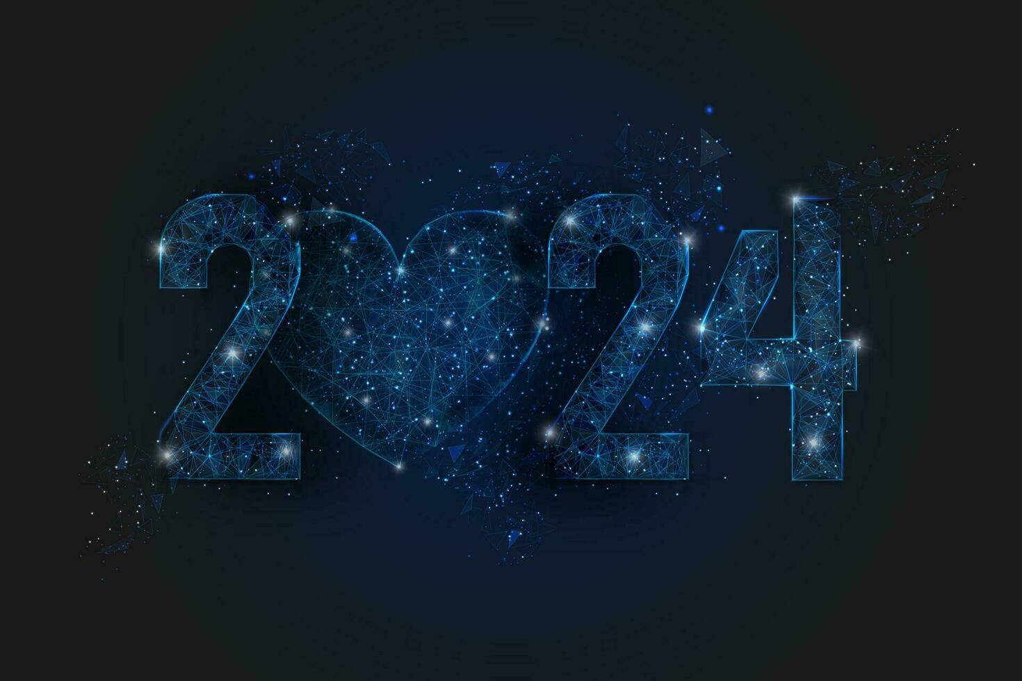 Abstract isolated blue image of new year number 2024. Polygonal low poly wireframe illustration looks like stars in the blask night sky in spase or flying glass shards. Digital web, internet design. vector