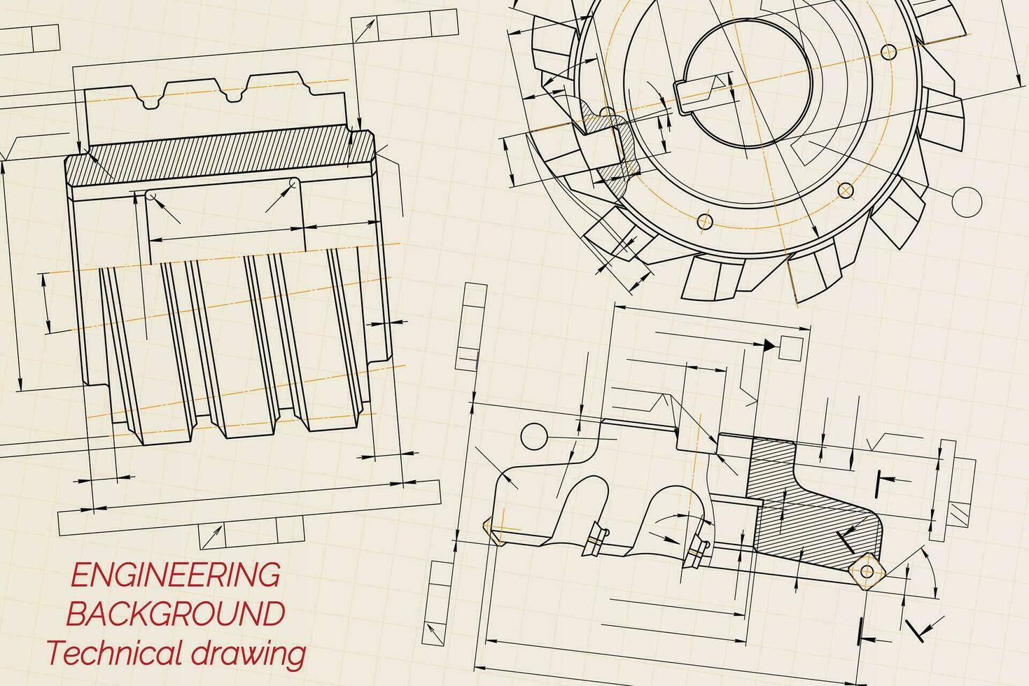 Mechanical engineering drawings on beige technical paper background. Cutting tools, milling cutter. Industrial Design. Cover. Blueprint. Business business. Vector illustration.