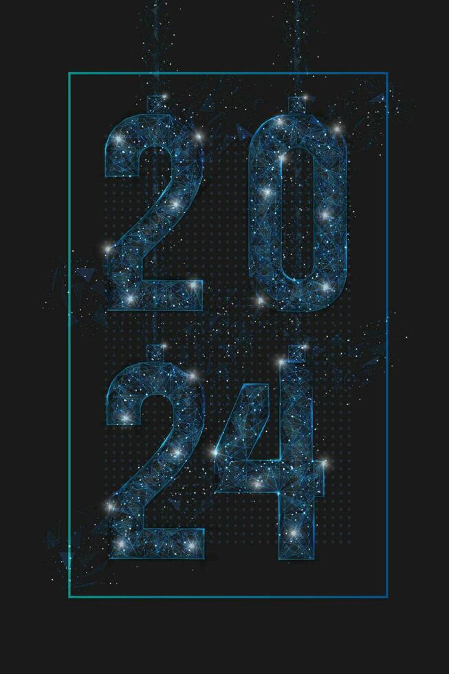 resumen aislado azul imagen de nuevo año número 2024. poligonal bajo escuela politécnica estructura metálica ilustración mira me gusta estrellas en el en blanco noche cielo en spase o volador vaso fragmentos digital web, Internet diseño. vector