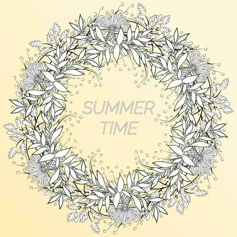Summer floral background in the form of a wreath of cornflowers and leaves. For the design of postcards, brochures, flyers. Coloring page. vector