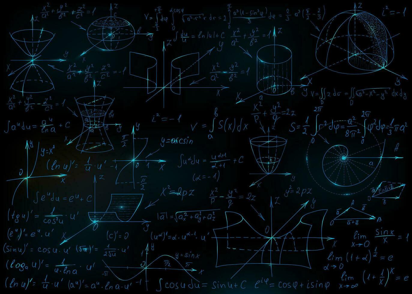 Mathematical formulas drawn by hand on the black chalkboard for the background. Vector illustration.