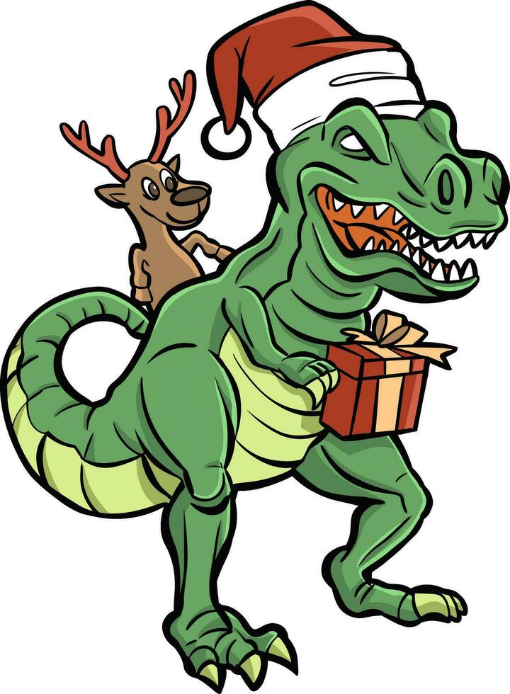 Dinosaur and reindeer merry christmas with gift vector