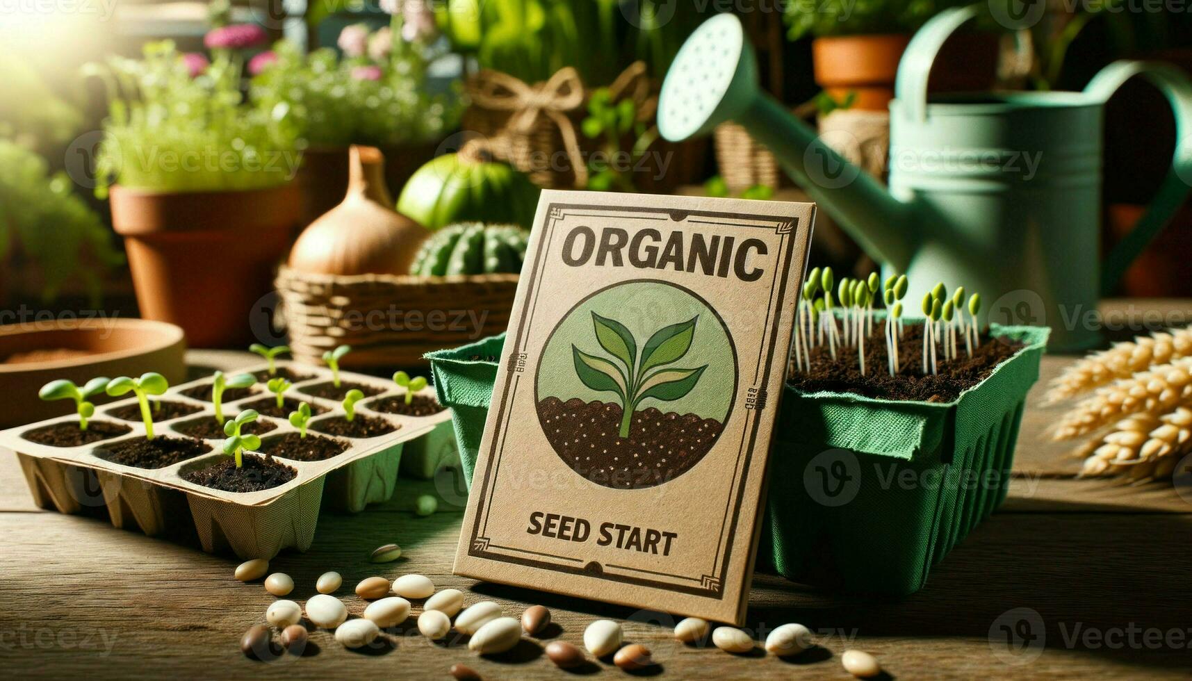 Close-up photo of blank organic seed packets prominently displayed in the foreground, featuring a garden green and soil brown color palette.. Generative AI