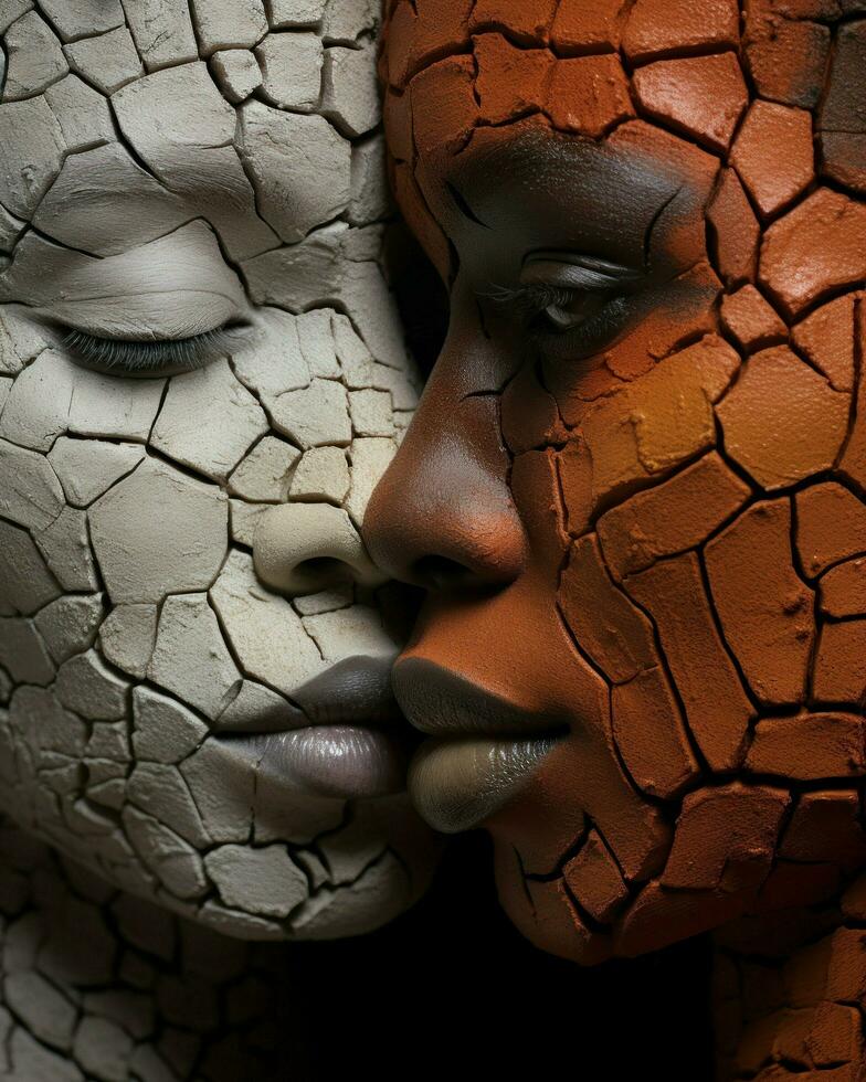Two women depicted with cracked faces and skin.. Generative AI photo