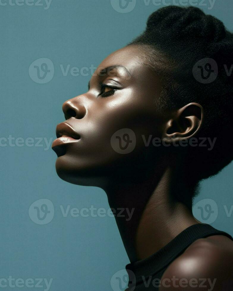 African woman showcasing elegant black hairstyle.. Generative AI photo