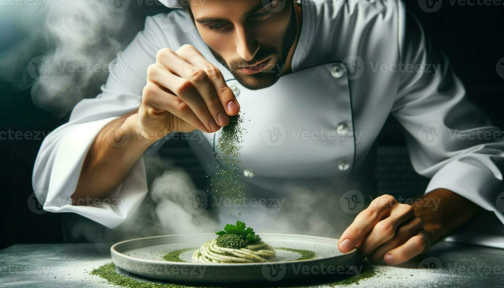 un de cerca de un masculino cocinero de medio oriental descendencia, aspersión hierbas sobre un gastrónomo plato.. generativo ai foto