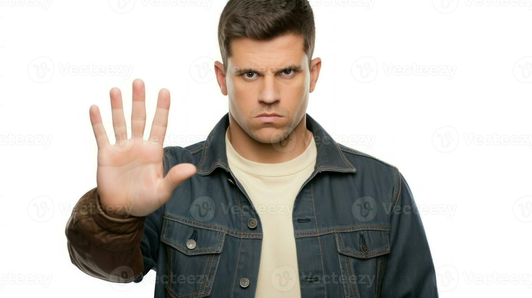 Angry man raises his hand and tells him to stop. Generative AI photo