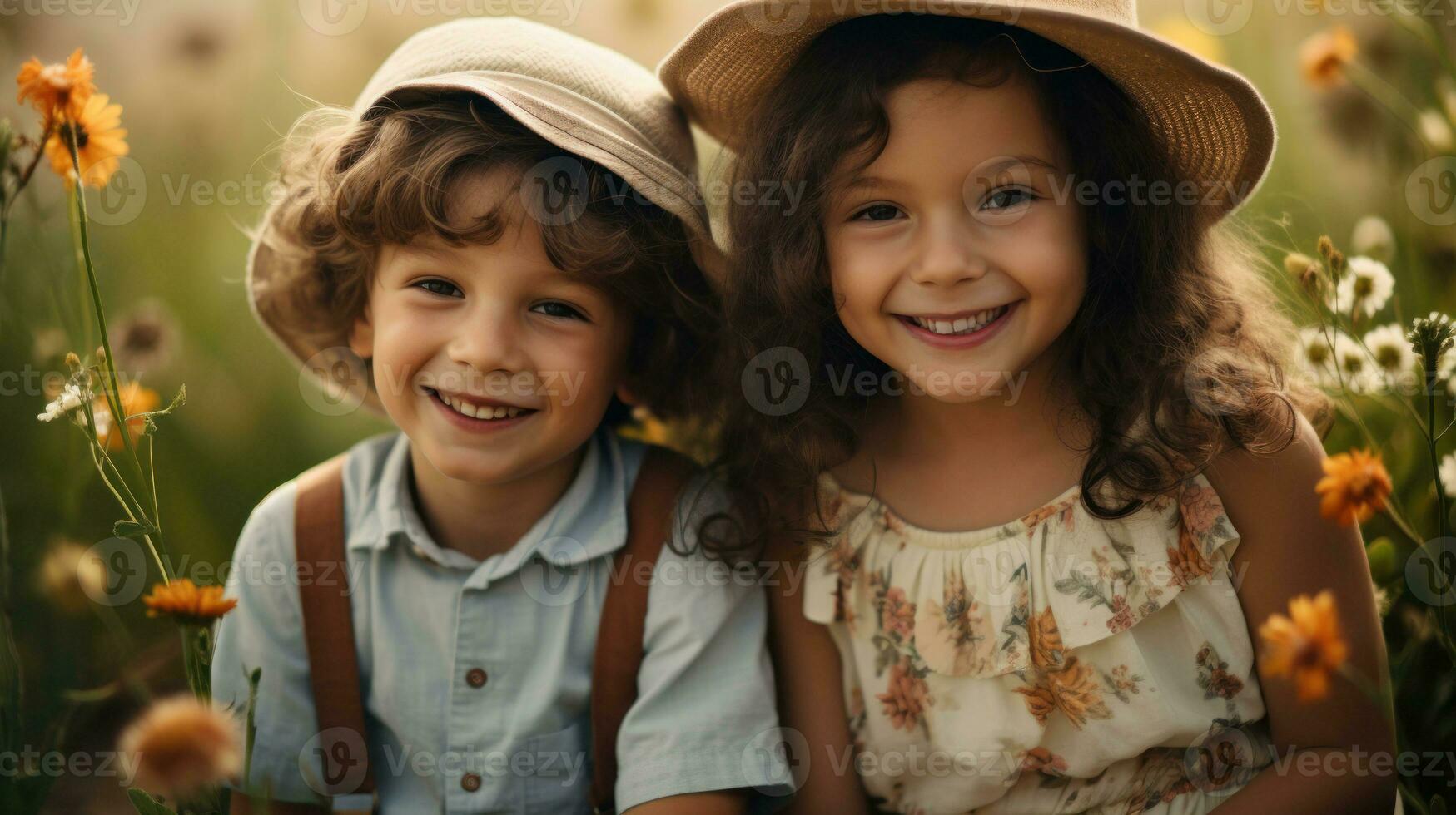 A young boy and girl smiling cheerfully at the camera outdoors.. Generative AI photo