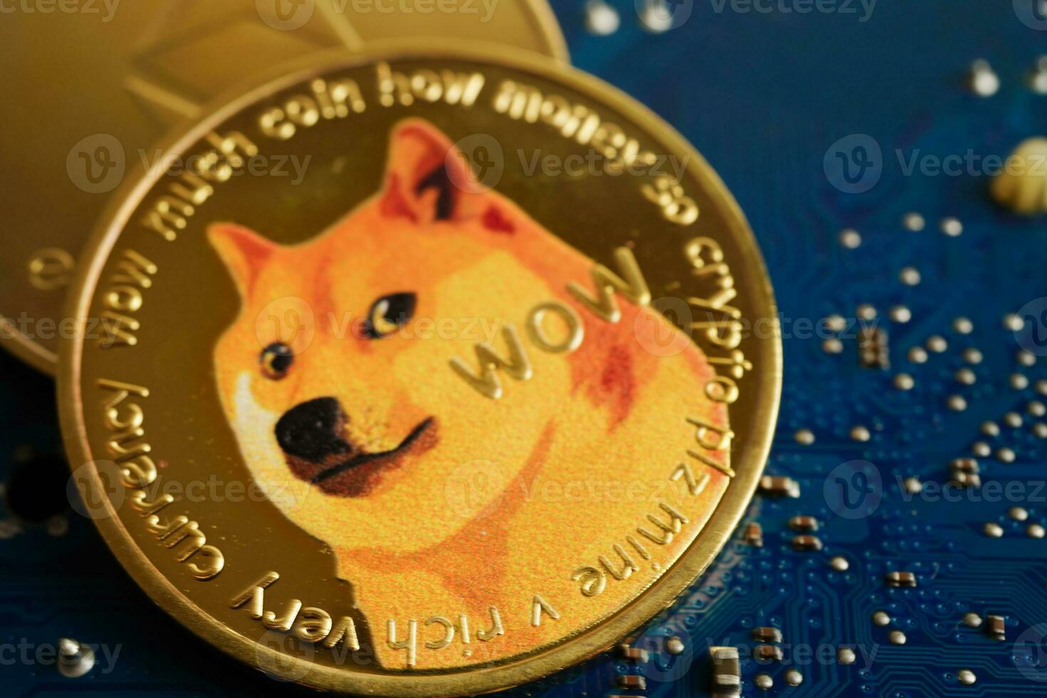 Dogecoin on circuit mainboard computer for business and commercial, Digital currency, Virtual cryptocurrency. photo