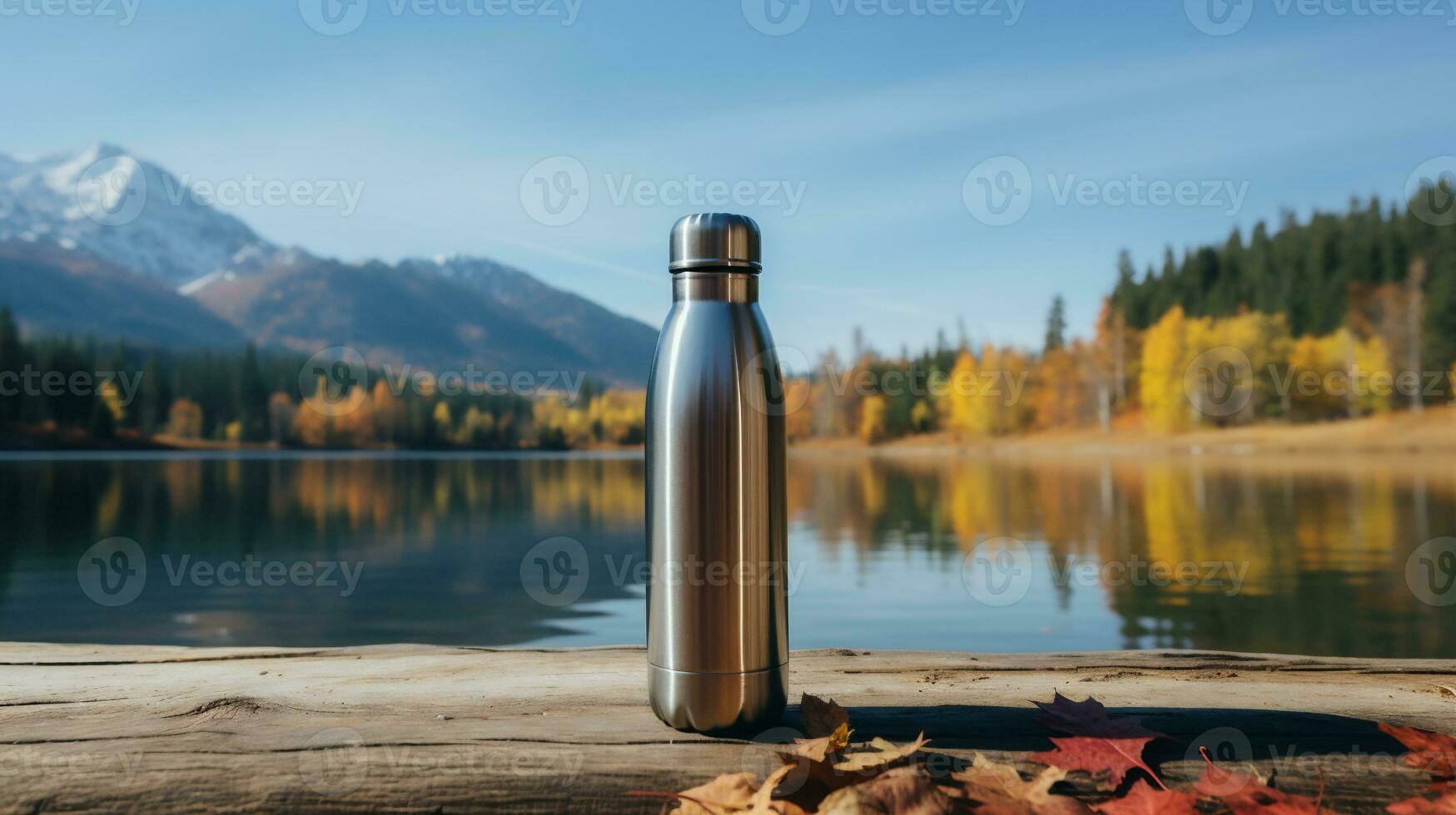 AI generative. Metal thermos on the background of autumn lake and mountain landscape. photo