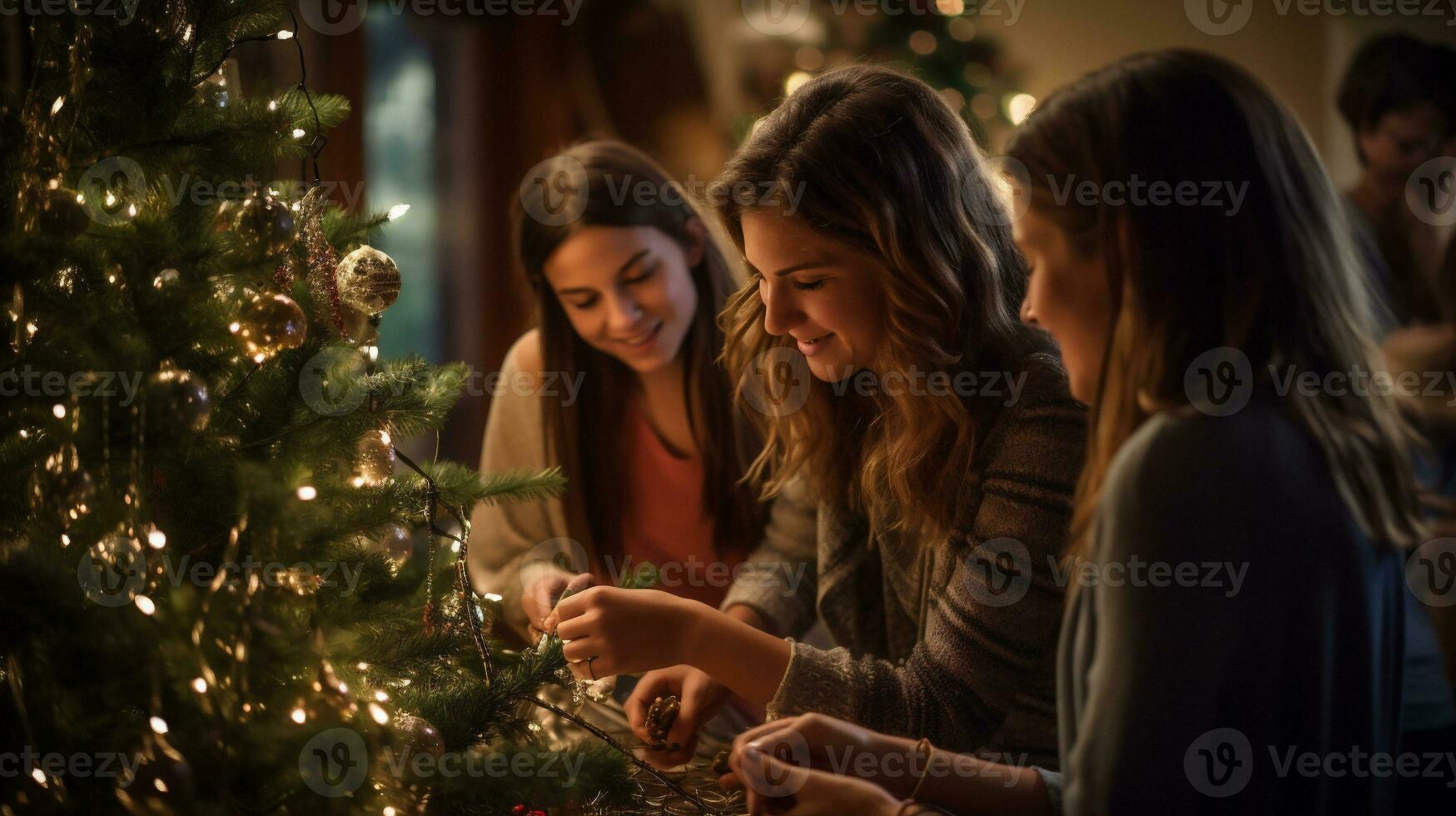AI generative. Group of friends decorating christmas tree in living room at home photo