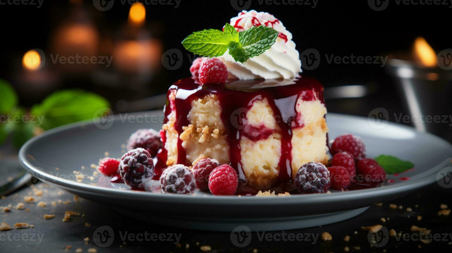AI generative. Delicious cheesecake with raspberries and nuts on a plate photo