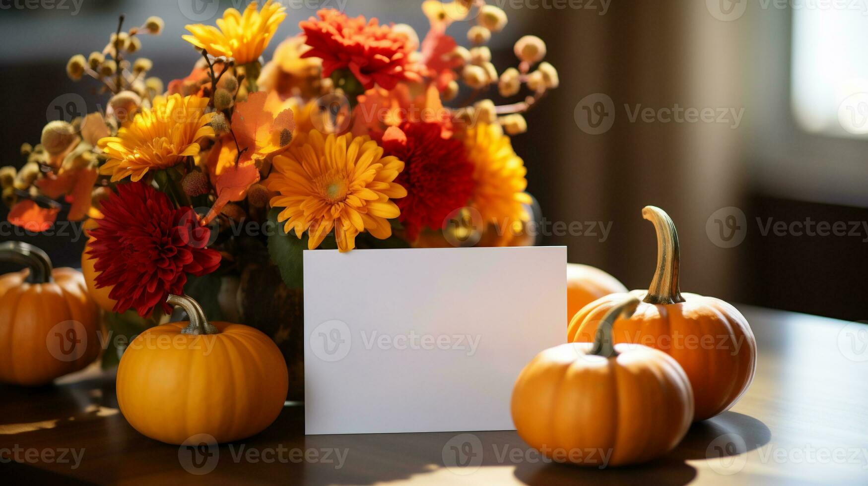 AI Generative. Autumn bouquet with pumpkins and blank card on wooden table photo