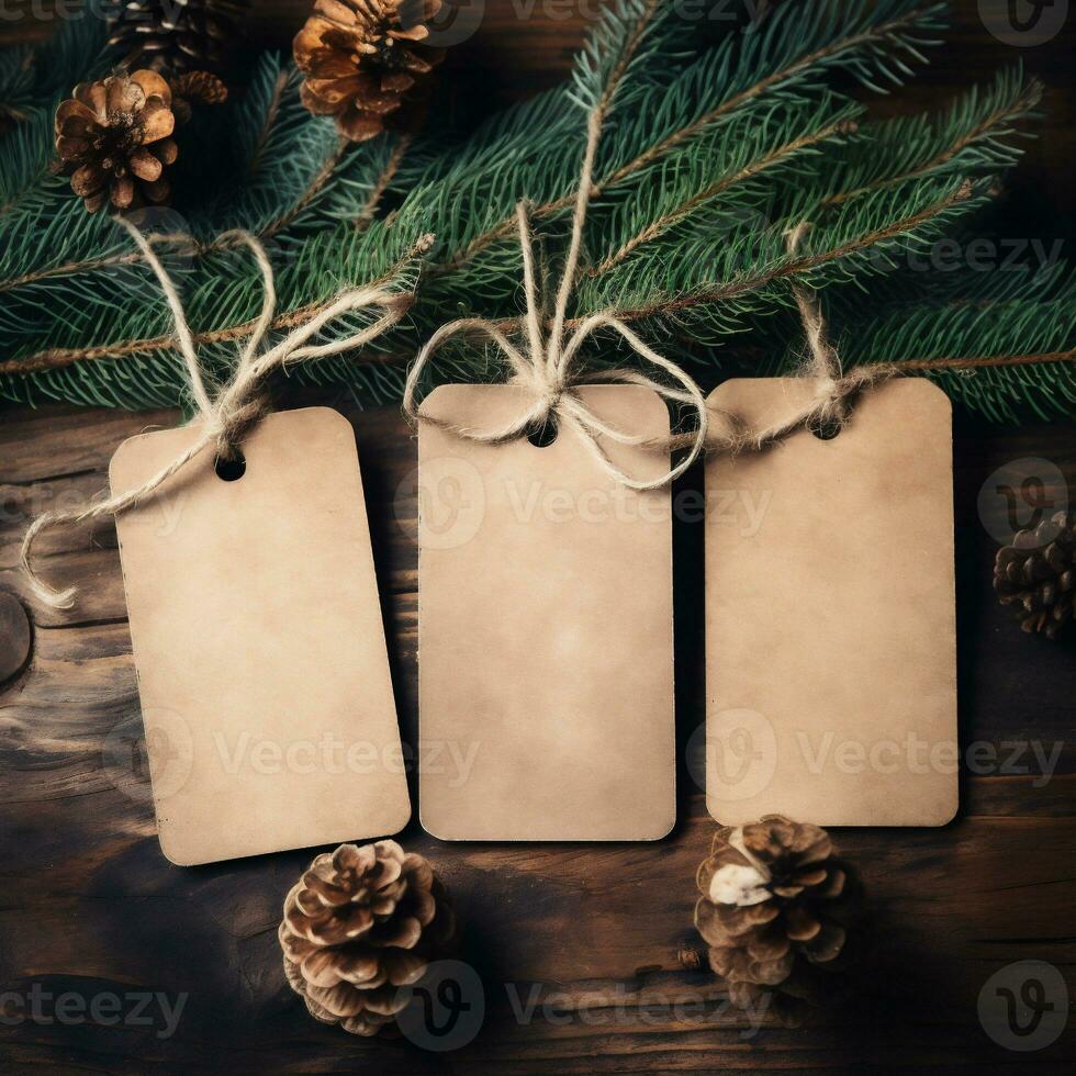 AI generative. Blank paper price tag with christmas decoration on rustic wooden background photo