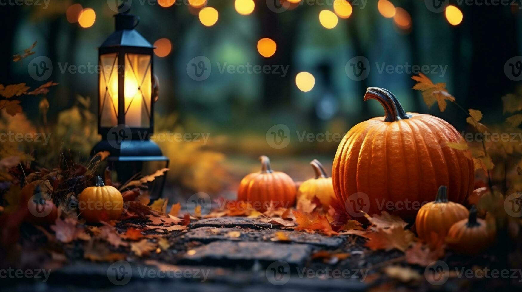 AI Generative. Thanksgiving background with pumpkins and autumn leaves on wooden planks photo