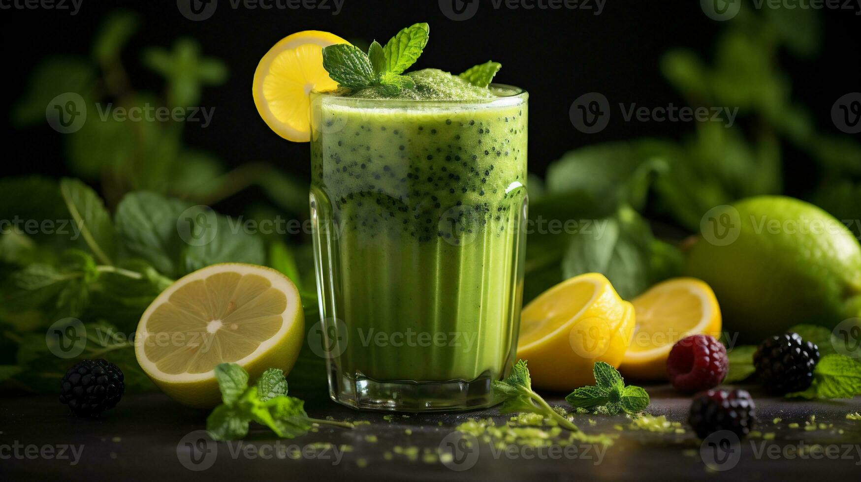 AI generative. Healthy green smoothie with kale, kiwi, apple and broccoli on wooden background photo