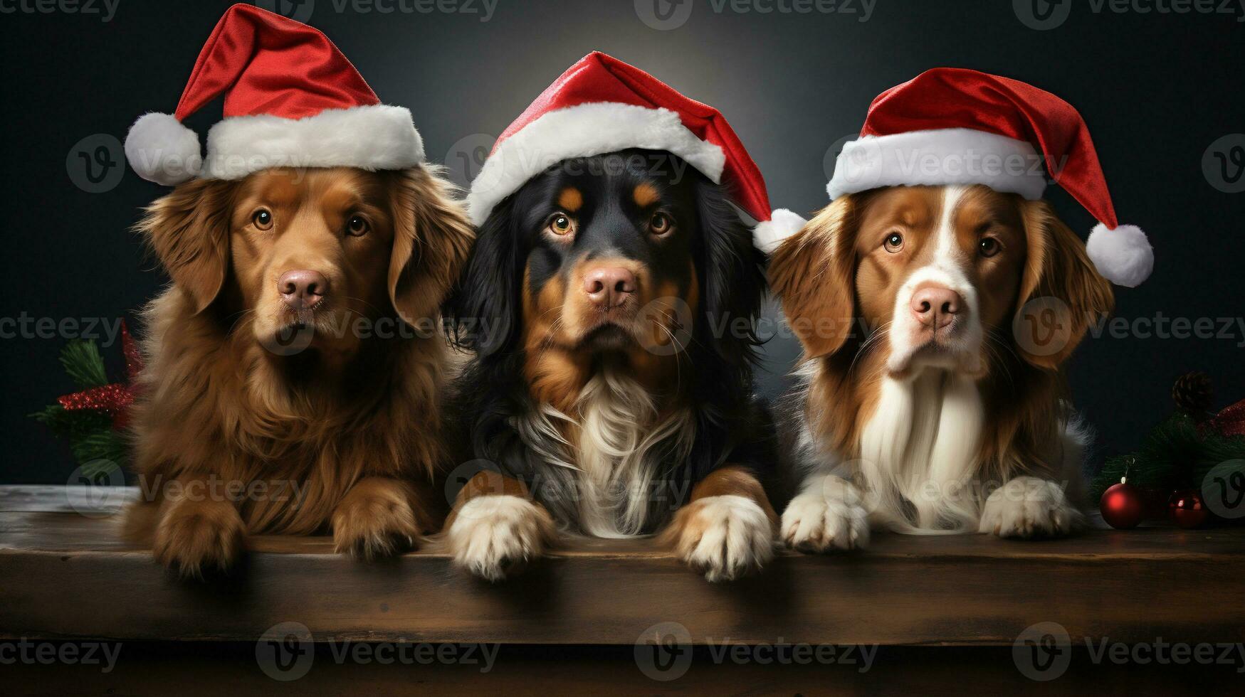 AI generative. Group of dogs in Santa Claus hats on a wooden table against a dark background photo