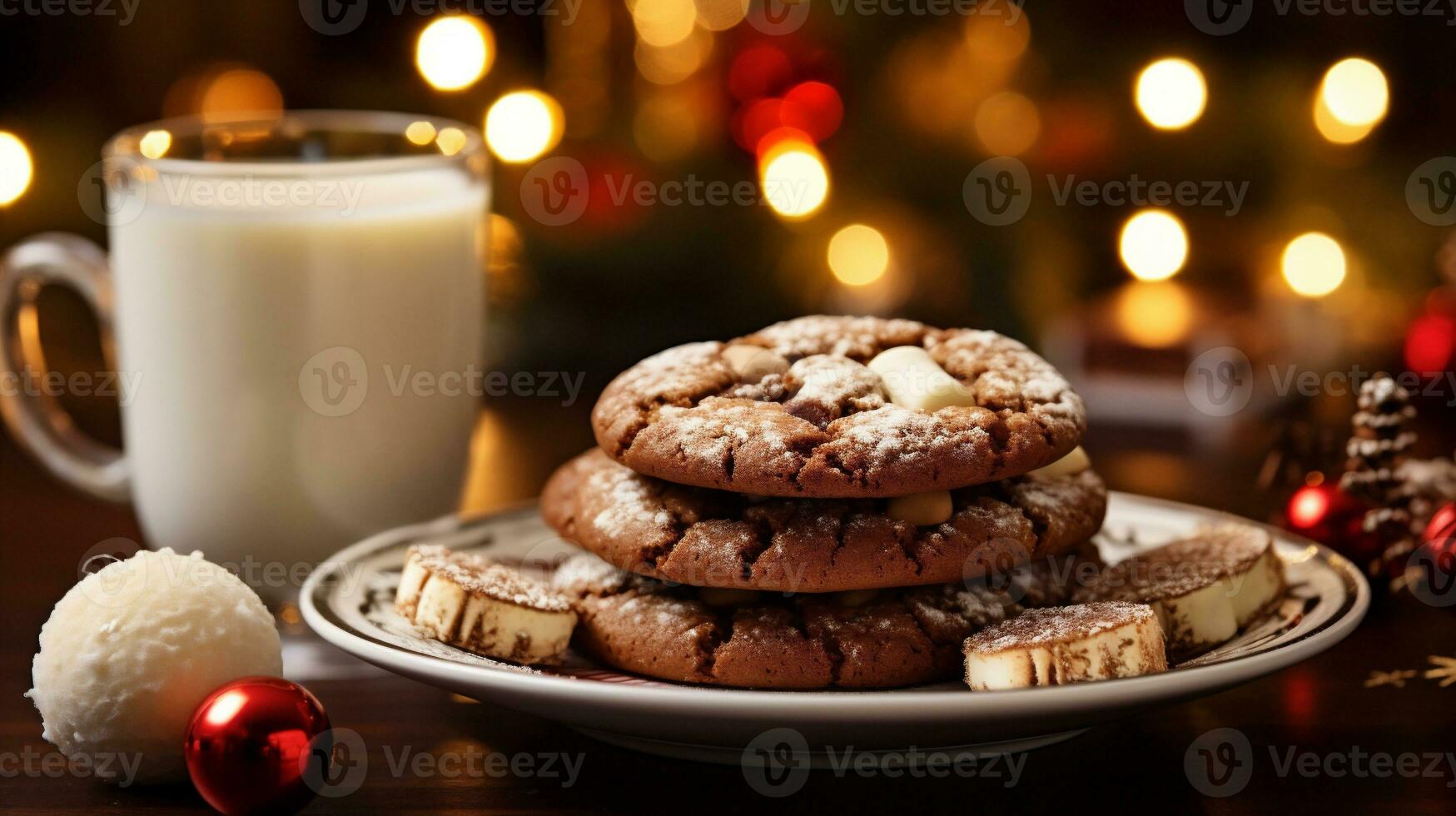 AI generative. Cup of milk and cookies on wooden table with christmas decoration photo