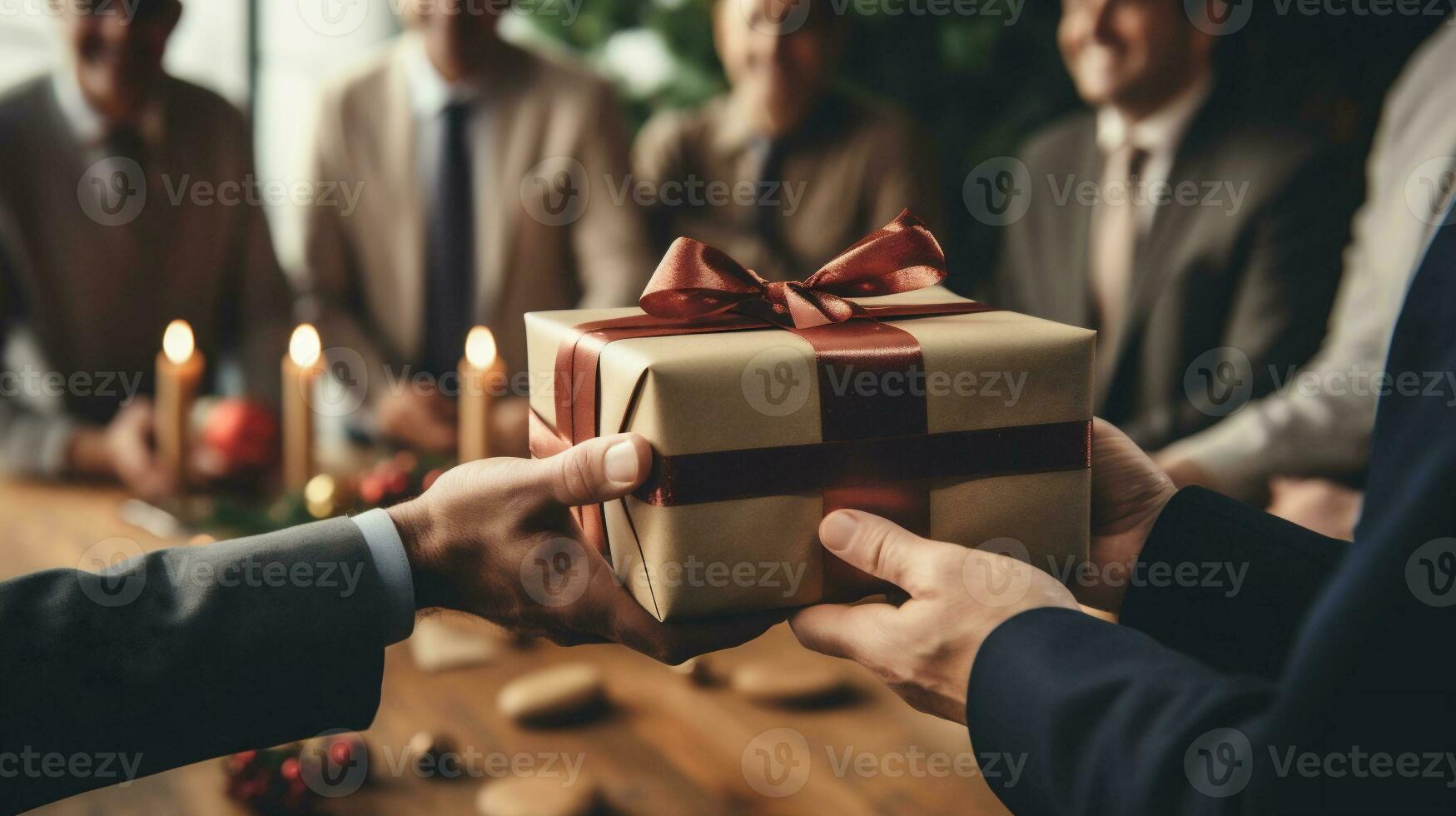 AI generative. Close-up of a group of business people giving a gift to each other photo