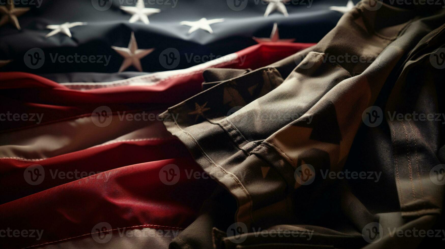 AI generative. Closeup of crumpled American flag with military uniform on dark background with copy space photo