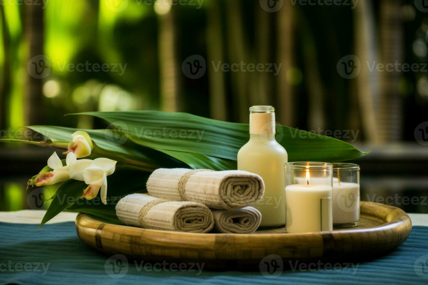 Spa setting near pool on bamboo skincare. Generate Ai photo