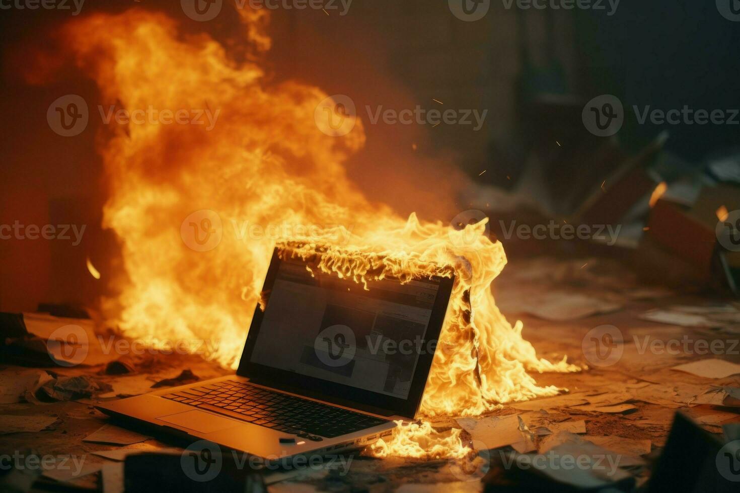 Dangerous Burning laptop table. Generate Ai photo