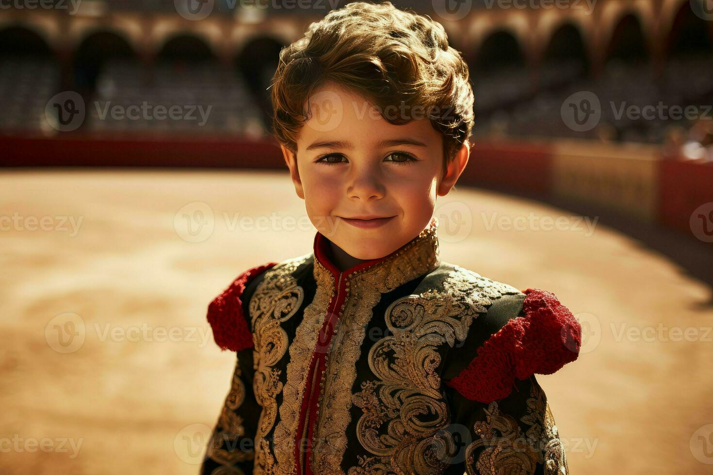 Brave Bullfighter child boy bull. Generate Ai photo