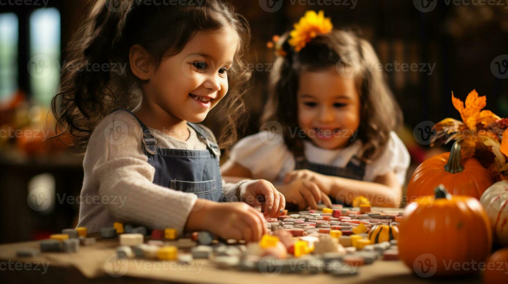 ai generativo. contento niños jugando con otoño decoración a hogar. ellos son sentado a de madera mesa y sonriente foto