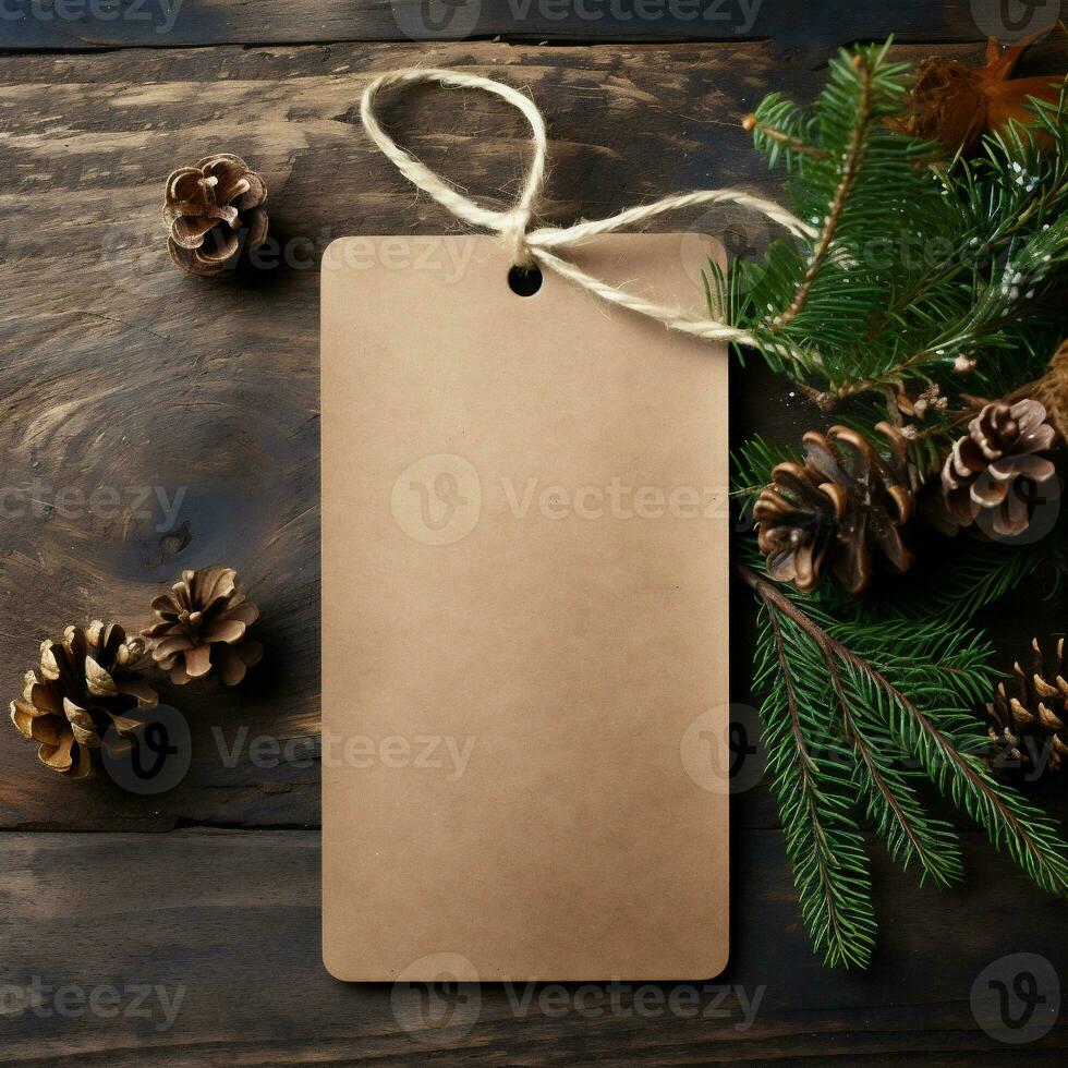AI generative. Blank paper price tag with christmas decoration on rustic wooden background photo