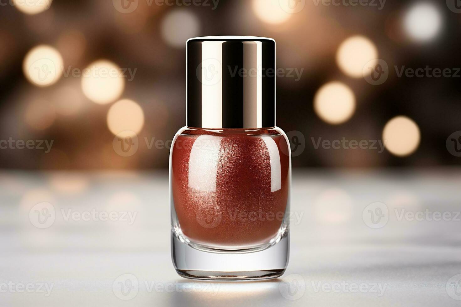 AI generative. Nail polish bottle with christmas decoration on bokeh background photo