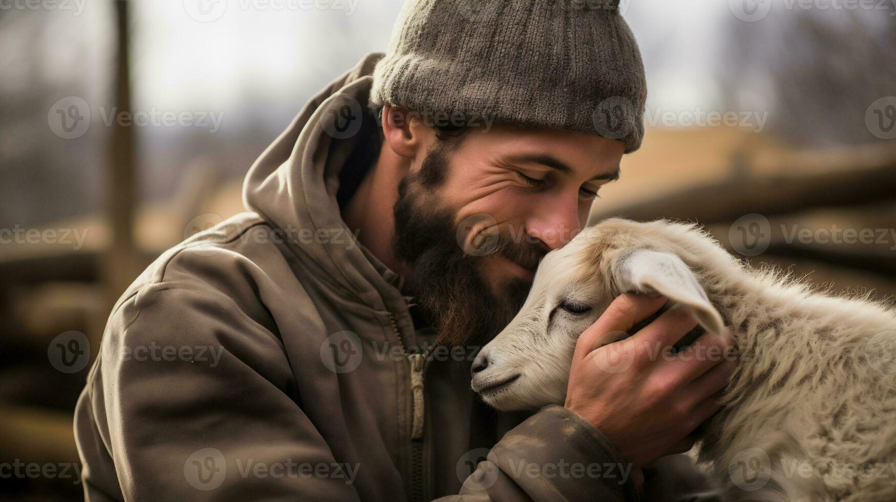 AI generative. A young man with a beard and a sheep in his arms. photo